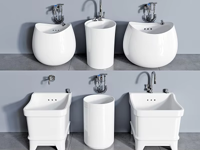 White Ceramic Washbasins in Various Shapes with Faucets and Pedestal Bases 3d model