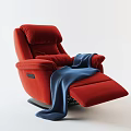 Comfortable Red Single Sofa With Reclined Footrest And Blue Throw Blanket 3d model