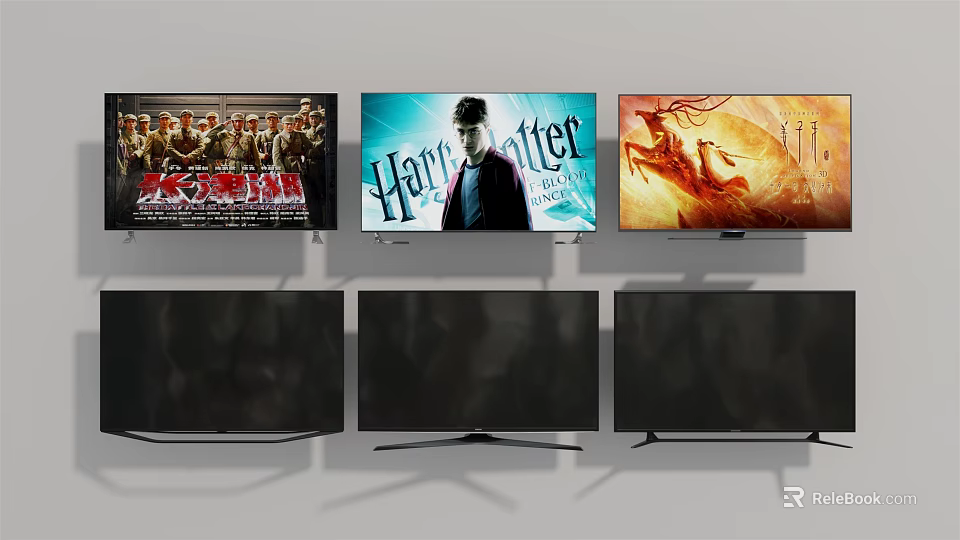 Televisions Displaying Harry Potter And Movie Scenes In Modern Setup 3d model 