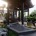 Chinese Style Courtyard Garden with Tile Roof Pergola Stone Railings and Lush Plants