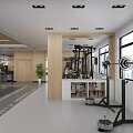 Modern Fitness Gym with Treadmills Weight Machines Yellow White Floor Markers Plants and Windows