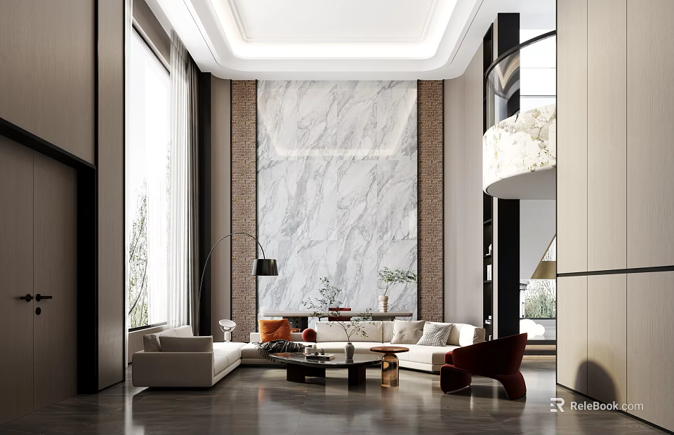 Modern Duplex Living Room Interior With High Ceiling Marble Wall And Large Windows 3d model 