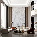 Modern Duplex Living Room Interior With High Ceiling Marble Wall And Large Windows