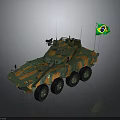 Brazilian Military Vehicle with Camouflage Paint and Six Wheels Displaying National Flag