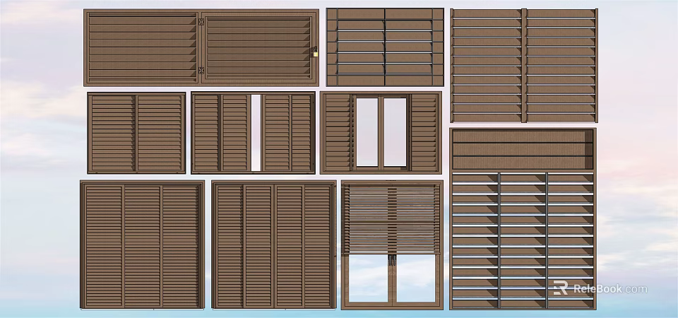 Various Styles of Brown Wooden Window Blinds for Home Interiors 3d model 
