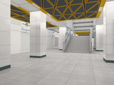 Station Interior With White Columns Yellow Black Geometric Ceiling Staircase And Gray Floor 3d model