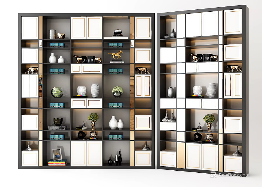 Modern Bookcase with Open Shelves Wooden and Metal Frame Decorative Vases Plants and Books 3d model 
