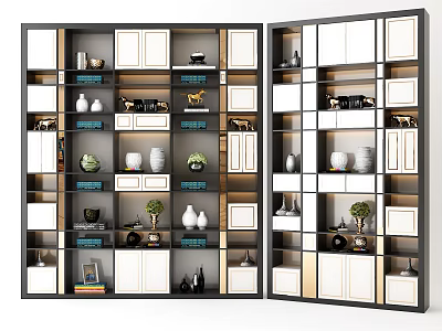 Modern Bookcase with Open Shelves Wooden and Metal Frame Decorative Vases Plants and Books 3d model