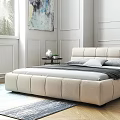 Modern Minimalist Double Bed With Upholstered Headboard Gray Pillows Side Tables Love Artwork Floor Lamp