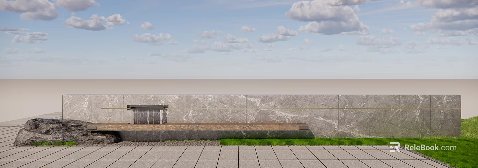 Modern Scenic Feature Wall With Marble Surface Waterfall And Lush Grass Paved Ground 3d model