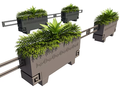 Decorative Garden Planters With Lush Green Plants On Metal Tracks And Carved Patterns 3d model