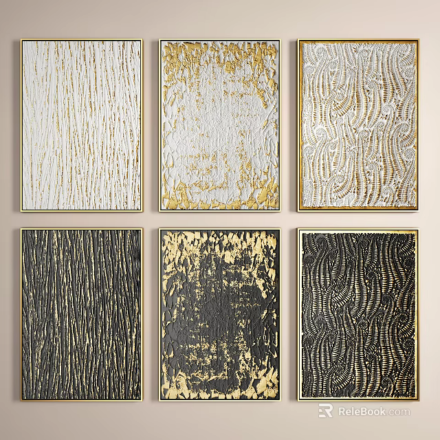 Abstract Paintings With Gold Black Textured Patterns In Framed Artwork 3d model