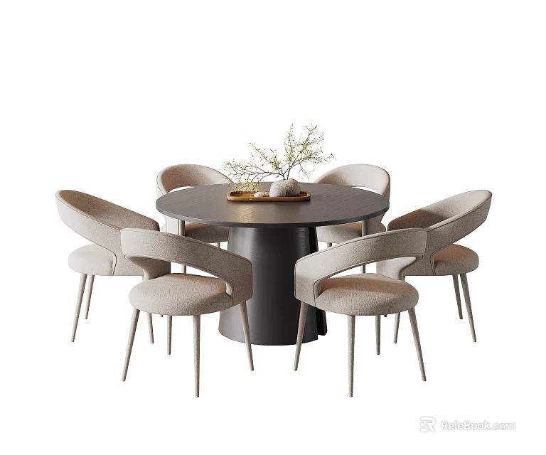 Modern Round Dining Table Set With Six Upholstered Chairs And Plant Decoration 3d model 