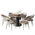 Modern Round Dining Table Set With Six Upholstered Chairs And Plant Decoration