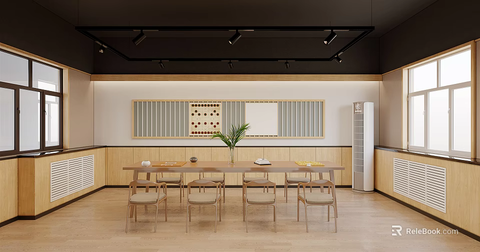 Hotel Chess Room Interior With Long Table Wooden Chairs Chessboard Decor And Potted Plant 3d model 
