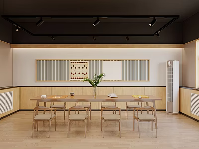 Hotel Chess Room Interior With Long Table Wooden Chairs Chessboard Decor And Potted Plant 3d model