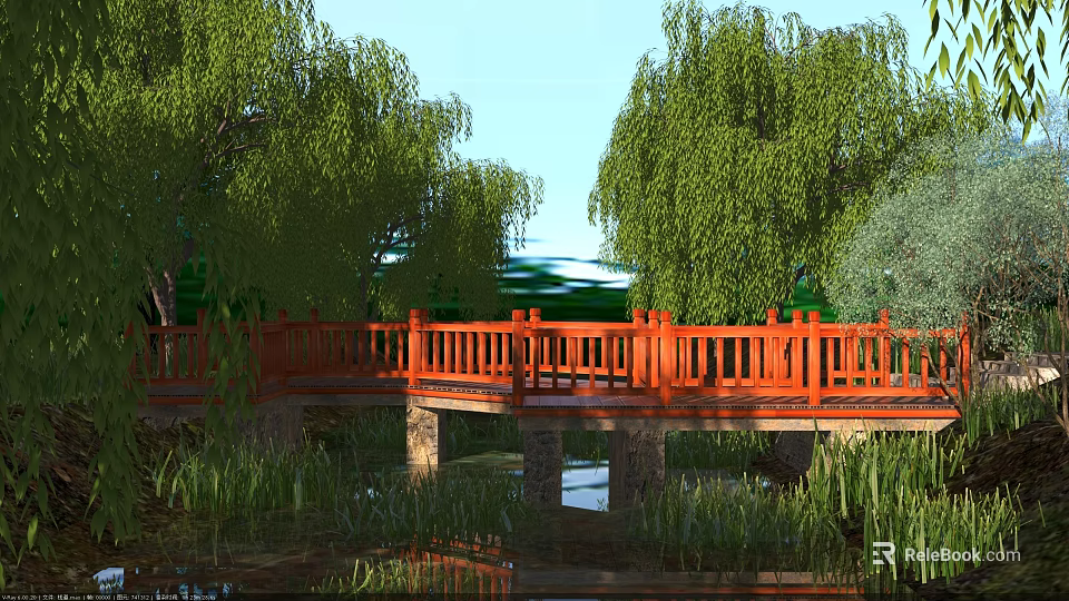 Red Wooden Bridge With Green Willow Trees Over Calm Pond Water 3d model 