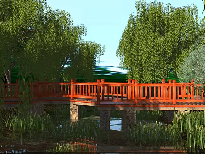 Red Wooden Bridge With Green Willow Trees Over Calm Pond Water 3d model
