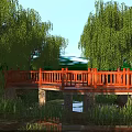 Red Wooden Bridge With Green Willow Trees Over Calm Pond Water