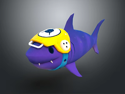Cartoon Purple Shark Character Wearing Yellow Helmet With Blue Strap And White Eye Design 3d model