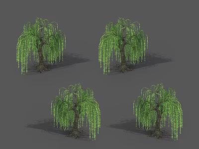 Four Weeping Willow Trees With Green Drooping Branches And Brown Trunks 3d model