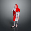 Man in Red and White Hooded Costume with Belt Standing Against Gray Background
