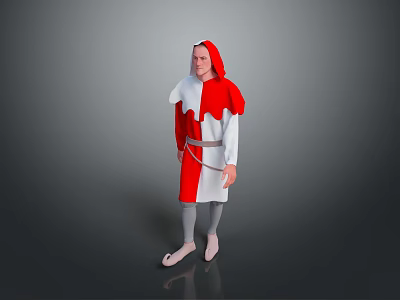 Man in Red and White Hooded Costume with Belt Standing Against Gray Background 3d model Man in Red and White Hooded Costume with Belt Standing Against Gray Background 3d model