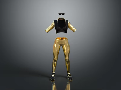 Fashionable Outfit With Black Cropped Top Golden Tight Pants Black Striped Shoes And Sunglasses 3d model
