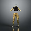 Fashionable Outfit With Black Cropped Top Golden Tight Pants Black Striped Shoes And Sunglasses