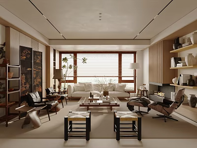 Modern Living Room with Wooden Elements Sofa Coffee Table Floor-to-Ceiling Windows Bookshelves and Fireplace 3d model