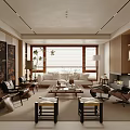Modern Living Room with Wooden Elements Sofa Coffee Table Floor-to-Ceiling Windows Bookshelves and Fireplace