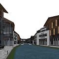 Modern Commercial Street With Water Canal Buildings Shops Outdoor Seating And Greenery Reflections