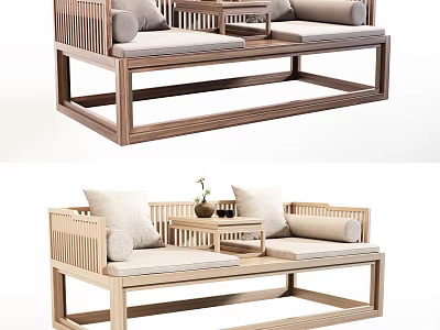 Traditional Chinese Wooden Luohan Bed With Comfortable Cushions And Side Table 3d model