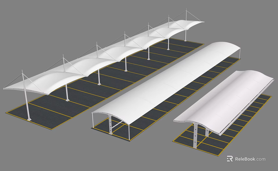 White Outdoor Parking Lot Canopies Covered Car Spaces With Yellow Lines 3d model 