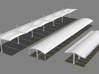 White Outdoor Parking Lot Canopies Covered Car Spaces With Yellow Lines 3d model
