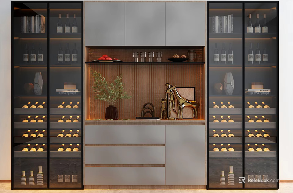 Modern Wine Cabinet With Glass Doors Wine Bottles Storage And Decorative Interior 3d model 
