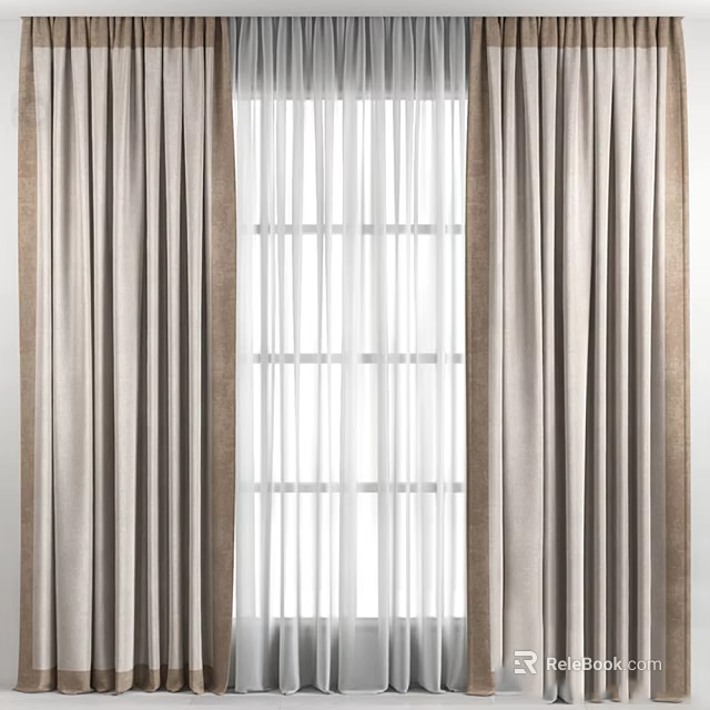 Beige Curtains With Brown Trim And Sheer Layer For Home Window Interior 3d model 