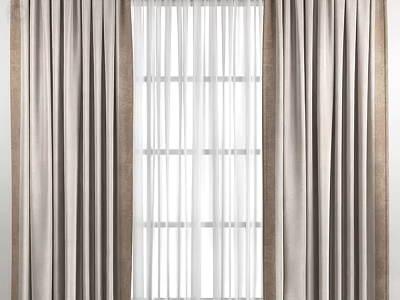 Beige Curtains With Brown Trim And Sheer Layer For Home Window Interior 3d model
