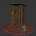 Old Wooden Outhouse with Open Door and Wooden Bucket on Red Gravel Ground
