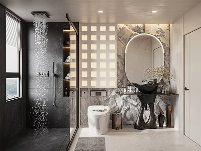 Modern Bathroom Interior With Round Mirror Black Sink White Toilet And Grid Tile Wall 3d model