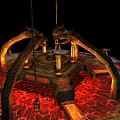 Architectural Structure With Octagonal Platform Arched Supports Red Lava Floor And Suspended Pillars
