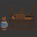 Antique Dark Wooden Cabinet With Carved Decorations Books Small Decor Colorful Vase And Wooden Sticks