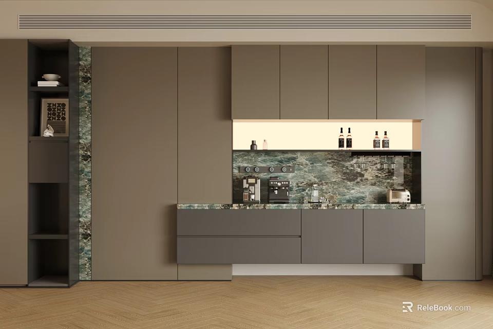 Elegant Modern Sideboard Interior With Grey Cabinets And Marble Backsplash Design 3d model 