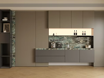 Elegant Modern Sideboard Interior With Grey Cabinets And Marble Backsplash Design 3d model
