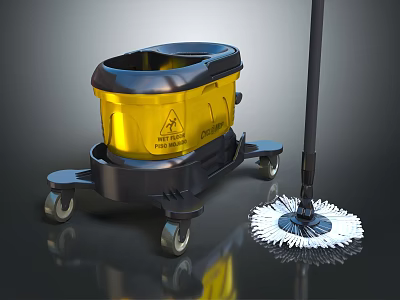 Yellow Mop Bucket With Wheels And White Fiber Mop Head For Daily Cleaning 3d model