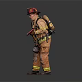 Firefighter In Red Helmet And Firefighting Uniform Holding Yellow Axe Against Gray Background