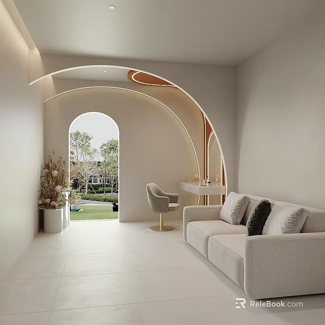 Elegant Beauty Hair Salon Interior With Arched Door Beige Sofa And Green Outdoor View 3d model 