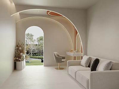 Elegant Beauty Hair Salon Interior With Arched Door Beige Sofa And Green Outdoor View 3d model