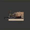 Vintage Steam Train on Railway Tracks with Rocky Cliff Small House and Crane