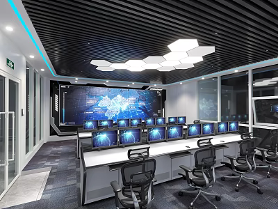 Modern Monitoring Room with Multiple Surveillance Monitors Control Desks and Ceiling Lighting Design 3d model